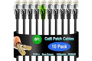 Cat6 Ethernet Patch Cable 6 ft (10 Pack), Cat6 Patch Cable for Data Centers, Cat 6 Patch Cable 10G, Network Patch Cables for 