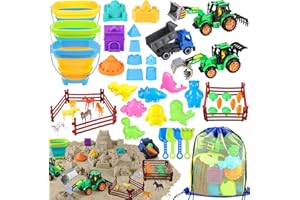FHOZGECY Beach Toys, 45Pcs Farm Playset, Collapsible Sand Toys with Sand Buckets and Tractor Toy Set, Sand Castle Building Kit, Farm Toys, Animal Toys, Mesh Bag, Travel Beach Toys for Kids Ages 4-8