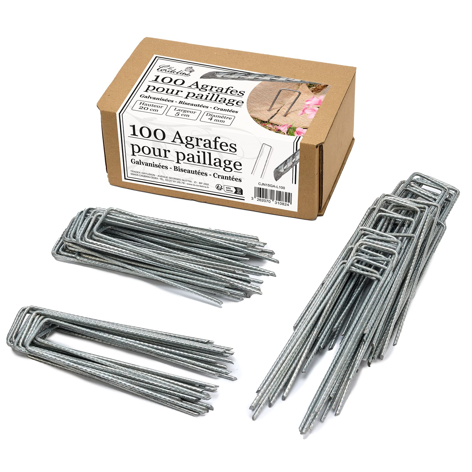 Pack of 100 Staples Galvanised Steel Notched Diameter 4 mm Length 20 cm Width 5 cm – Mulching Clips, Wire Attachment and Nets