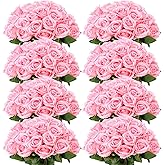 Hotop 120 Pcs Roses Artificial Flowers in Bulk,Long Stem Artificial Flower Bouquet,Silk Real Touch Fake Rose for Wedding Party Table Centerpieces Decor Valentines Gifts(Pink)
