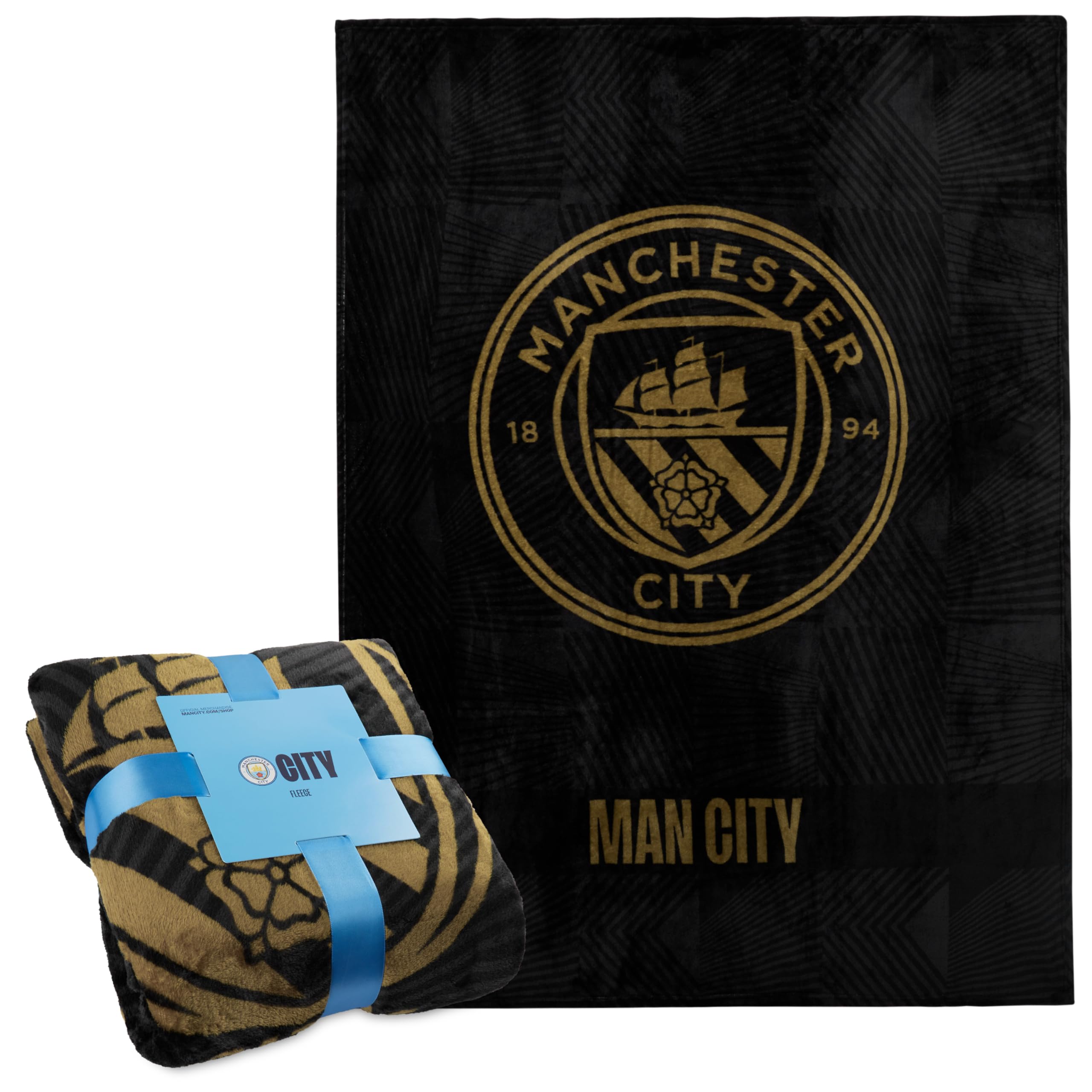 Manchester City F.C. Fleece Bed Blanket Soft Bed Throw 125 x 150cm Gifts for Him (Black)