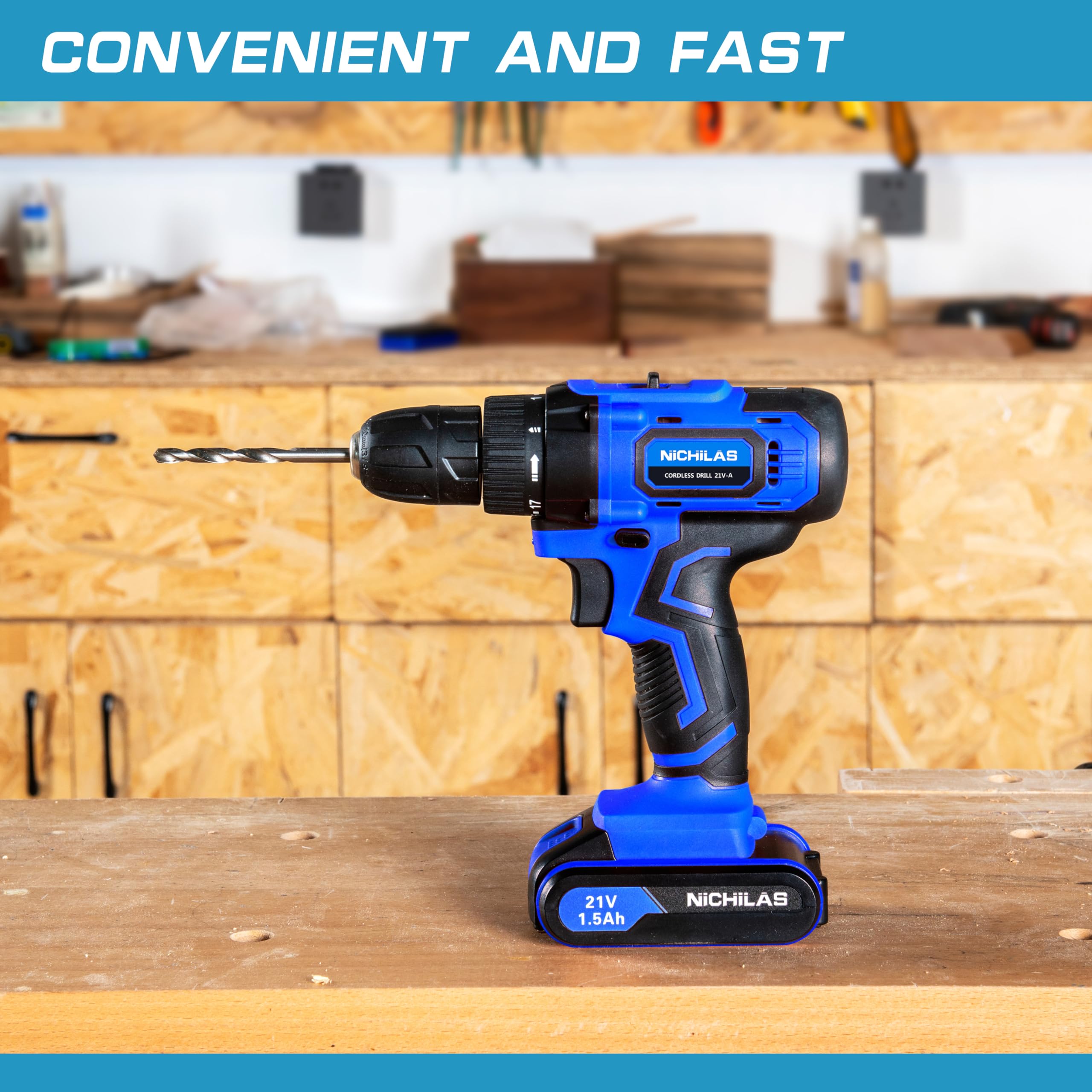 Nichilas Cordless Drill, 21V Power Screwdriver 2 Variable Speed 3/8” Keyless Chuck, 2 X 1500mAh Batteries and Charger for assembling, repairing and DIY