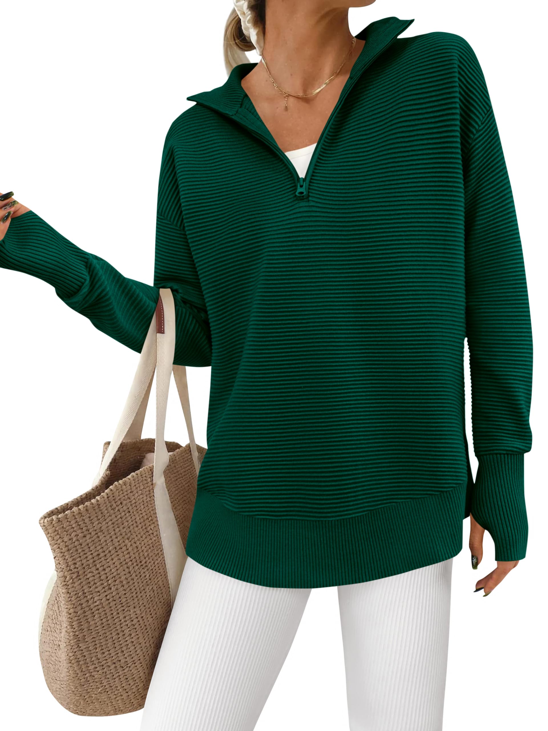 Photo 1 of ***CORRECT ITEM****PRETTYGARDEN Womens Long Sleeve Quarter Zip Pullover Sweater Casual Loose V Neck Collared Ribbed Knit Jumper Tops Thumb Hole(Dark Green,Small)
