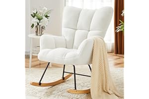 Sudwesto Modern Nursery Rocking Chair, Upholstered Glider Chair with High Backrest, Rocker Accent Armchair with Solid Wood Legs for Nursery Bedroom Living Room (Cold White Teddy)