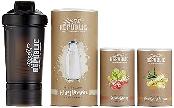 HARVEST REPUBLIC Starter Kit, 1x Bio-Whey Protein, 1x Bio-Erdbeerpulver, 1x Bio-Rohrzucker, 1x Blender Bottle ProStak Shaker 