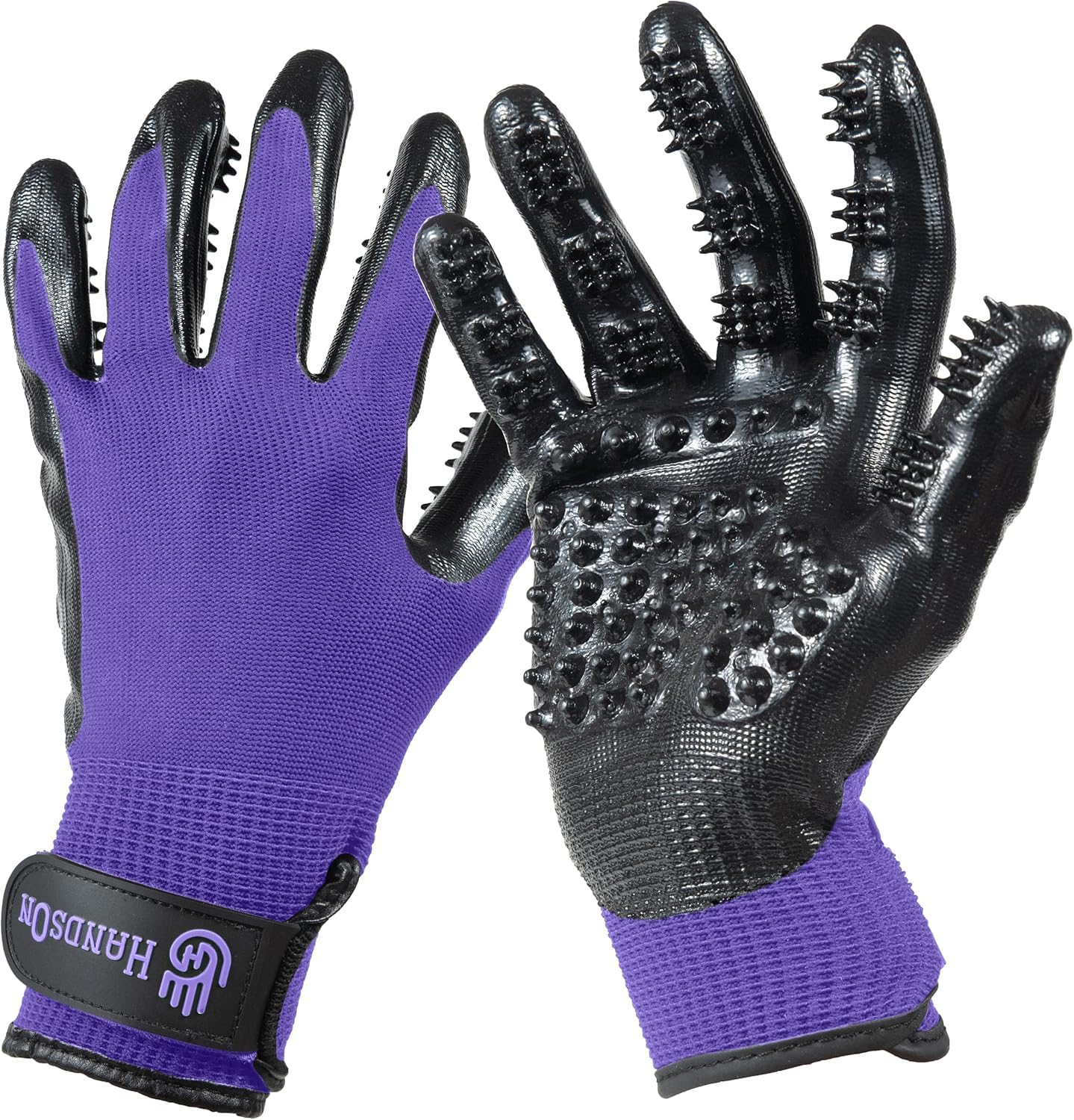 H HANDSON Pet Grooming Gloves - Patented #1 Ranked, Award Winning Shedding, Bathing, & Hair Remover Gloves - Gentle Brush for Cats, Dogs, and Horses (Mono Purple, Medium)