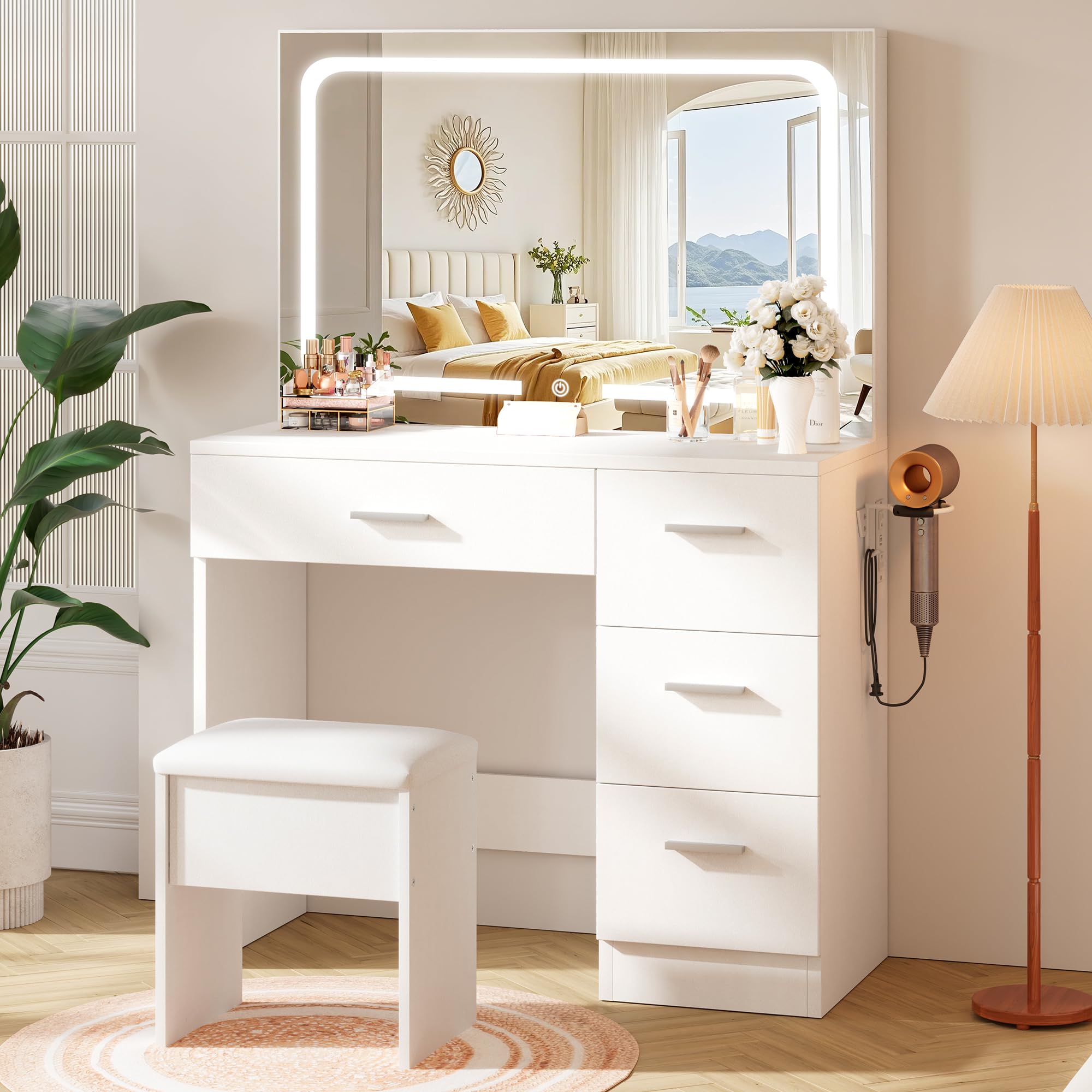 Photo 1 of *** BOX ONE ONLY***LIVELYGLOW Makeup Vanity Desk with Charging Station & LED Mirror – 35.4" Vanity Table with 4 Drawers, Hair Dryer Rack, & 3 Lighting Modes – Modern Bedroom Furniture (15.7"D x 35.4"W x 53.9"H), White