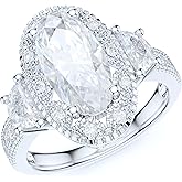 PRSTANI Sterling Silver Vintage Milgrain 3CT Simulated Oval Cut & Half Moon Stone Diamond Halo Engagement Ring