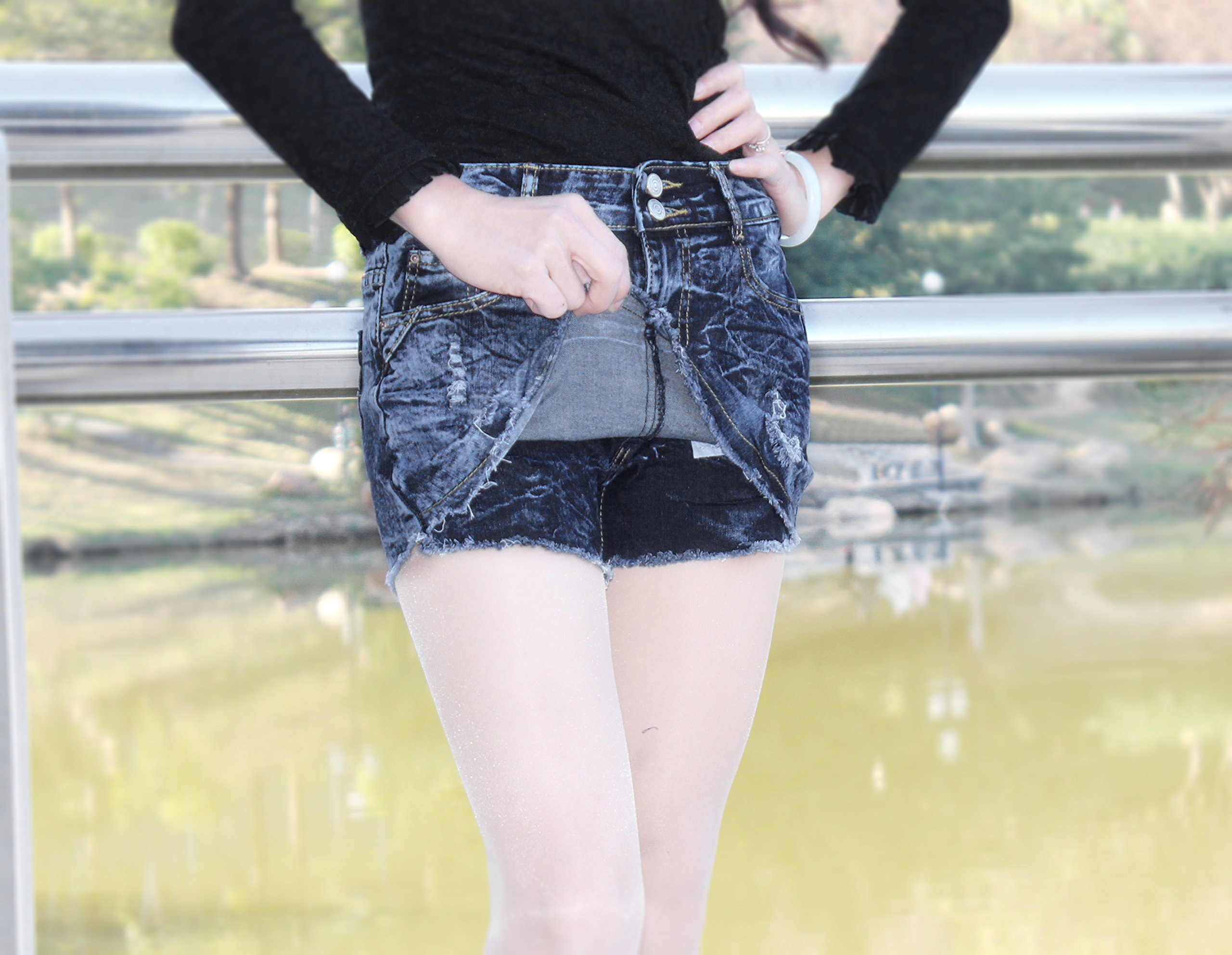 Goddess Area Women\'s Casual Mid Waisted Distressed Ripped Stretch Denim Shorts Jeans (11, Blue)