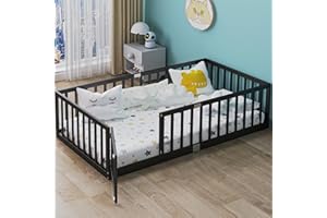 PatioPerk Twin Size Floor Bed for Kids Wooden Toddler Floor Bed Frame Safe Comfortable Baby Floor Bed for Children,Black,40.9"*77.5"(Mattress not Included)