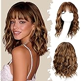 Kurope Brown Mixed Honey Blonde Wig Wavy Bob Wig with Bangs Synthetic Wigs for Women Heat Resistant Natural Looking 14 Inch Short Shoulder Length Highlight Wig for Daily Wear or Cosplay