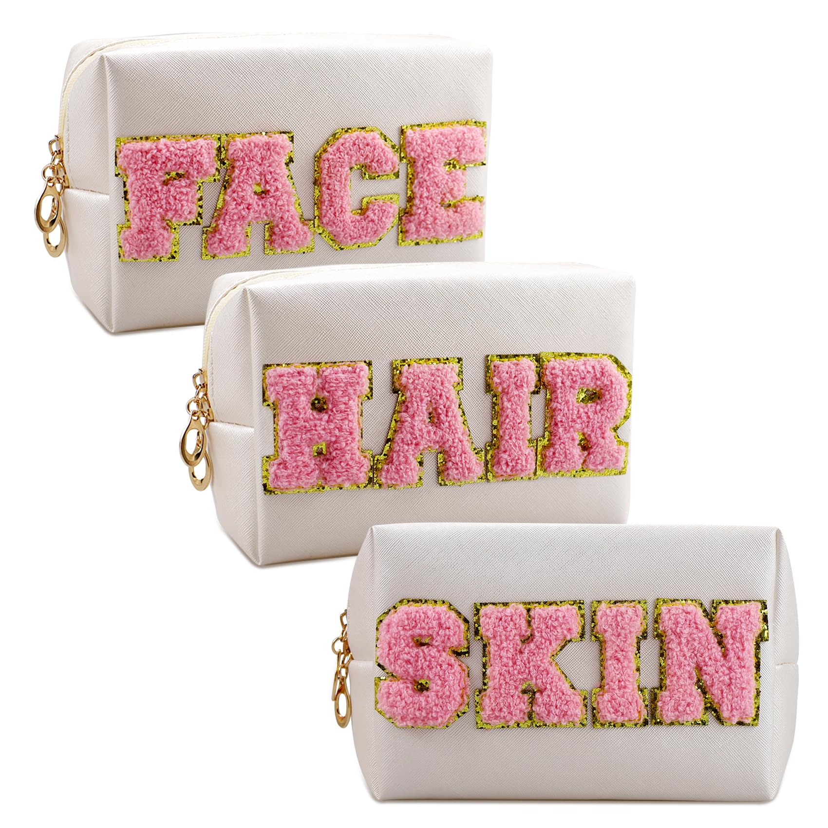 Chenille Letter Patch Makeup Bag, Preppy Cosmetic Bag PU Leather Skincare Bag with Zipper, Toiletry Bag Waterproof Travel Organizer for Women Face Hair Skin Makeup Bag 3 Pcs