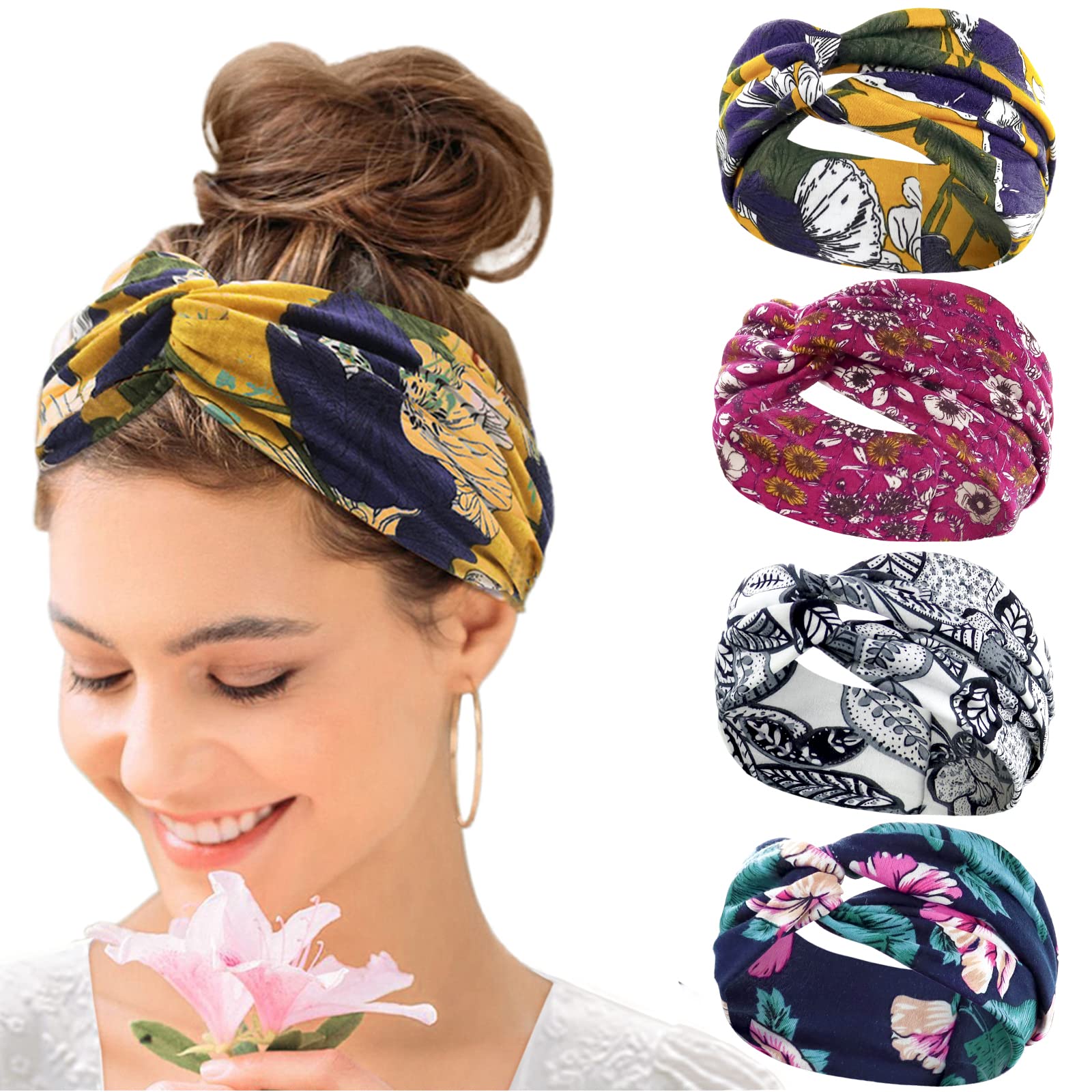 KAVYA Wide Headbands for Women's Hair Headband Soft Head Bands Adult Women Hairband Turban Flower Cotton Head band Everyday Yoga Sport Fitness