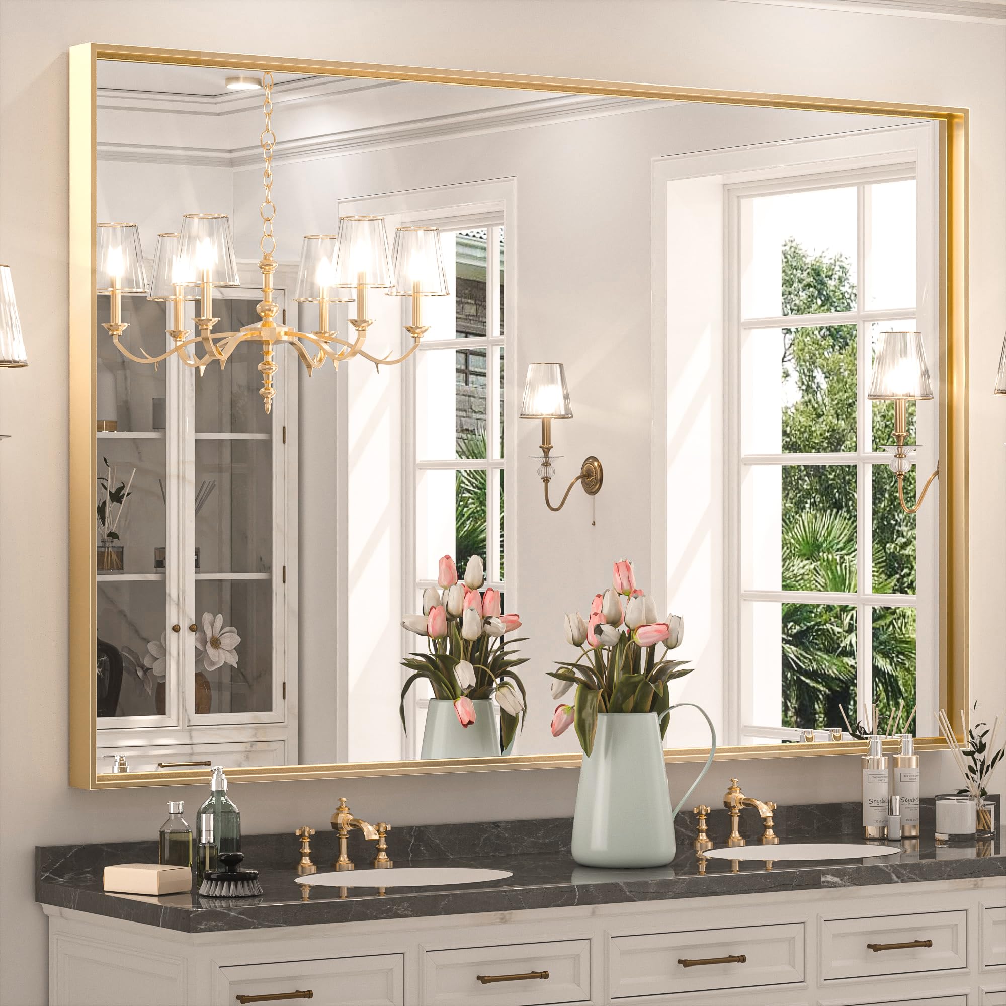 Keonjinn Brushed Gold 55 x 36 Inch Rectangle Wall Mirror, Large Metal ...