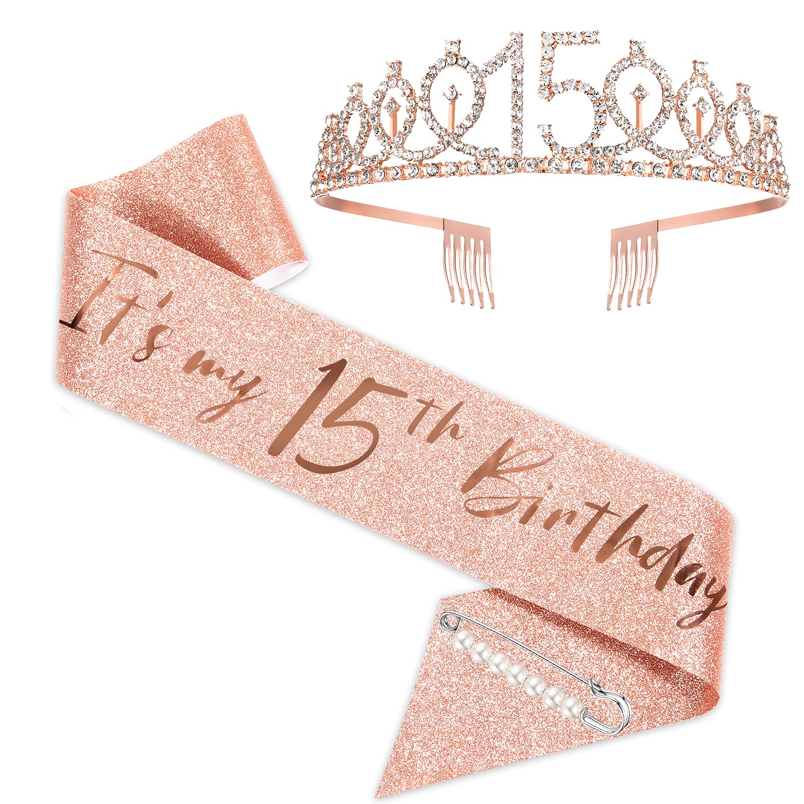SZHUIHER 15th Birthday Sash and Tiara for Girls, Rose Gold Birthday Sash Crown 15 & Fabulous Sash and Tiara for Girls, 15th Birthday Gifts