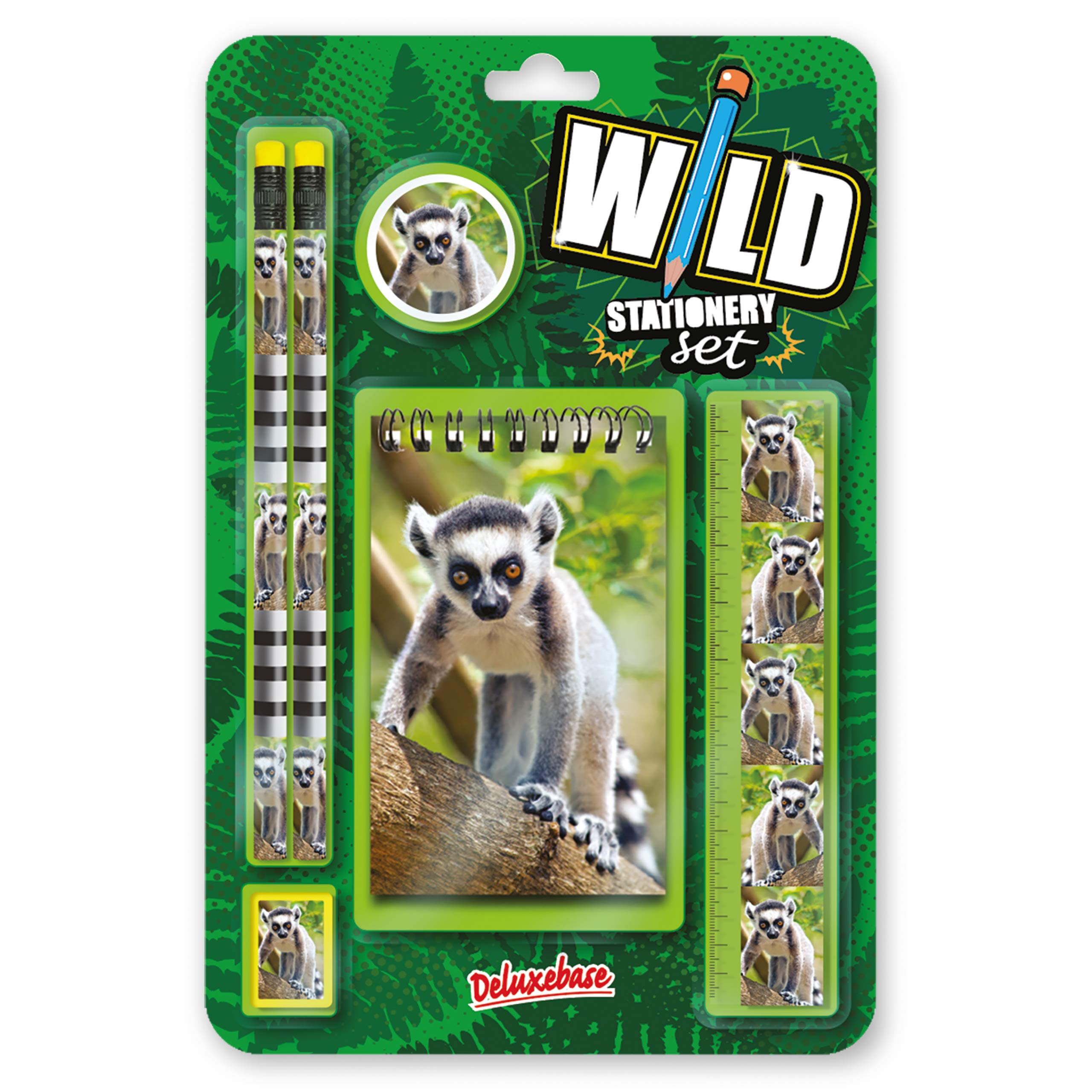 Deluxebase Wild Stationery Set – Ring Tailed Lemur, 6 Piece School Supplies Set including Notebook, 2 Pencils, Ruler, Pencil Eraser and Sharpener, Fun Animal Stationery Gifts for Kids and Students.