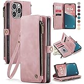 Defencase Compatible with iPhone 16 Pro Case Wallet with RFID Blocking Card Holder for Women Men, PU Leather Magnetic Snap Flip Zipper Strap Wallet Phone Case Fit for iPhone 16 Pro 6.3", Rose Pink