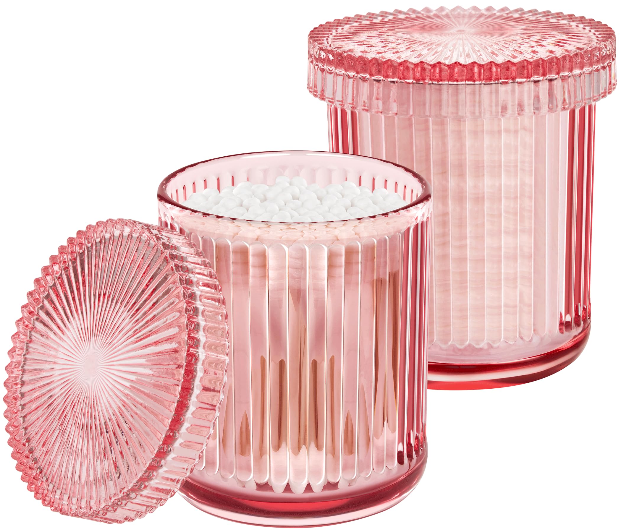 Photo 1 of MKOSAB 2 Pack Qtip Holders for Bathroom, Clear Glass Apothecary Jars with Lids,Vintage Bathroom Canisters for Cotton Balls,Swabs,Floss Picks,Hair Ties,Vanity Organizer and Storage Decor (Pink)