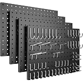 Spampur Peg Board, 4 Pack Metal Black Pegboard Panels with 50 Hooks | Pegboards Wall Organizer, Heavy Duty Peg Board for Walls Home, Garage Tool Storage, Office Organization, Craft Room, Kitchen