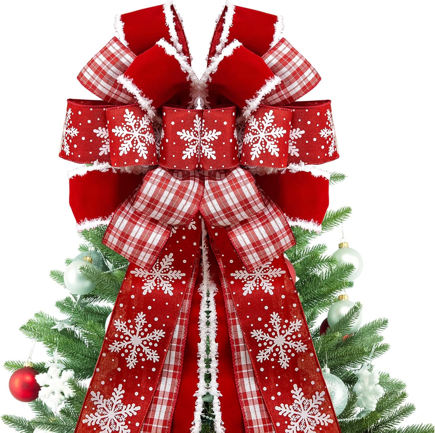Tree Toppers - GOGOSY Christmas Tree Topper Bow,48''x 13'' Large Velvet Christmas Wreath Bows Xmas Ornaments with Long Plaid Streamer Wired Edge Ribbon for Farmhouse Christmas Decoration (Red)