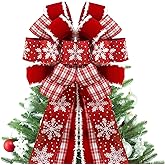 GOGOSY Christmas Tree Topper Bow,48''x 13'' Large Velvet Christmas Wreath Bows Xmas Ornaments with Long Plaid Streamer Wired Edge Ribbon for Farmhouse Christmas Decoration (Red)