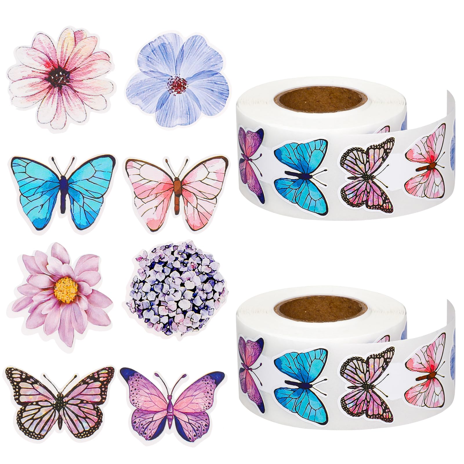 QFGasre 1000 Pcs Butterfly Flower Sticker Rolls Colorful Assorted Giftwrap Decals Cute Flower Roll Sticker Gift Tags Label Decorative for Scrapbooks, Gift Boxes, Party Decorations