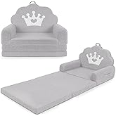 PIIKAGO 2-in-1 Kids Couch Fold Out, Soft Teddy Sherpa Toddler Couch with Crown Design, Convertible Kids Sofa to Lounger for Nap & Playtime, Cozy Children's Furniture for Boys & Girls, Grey