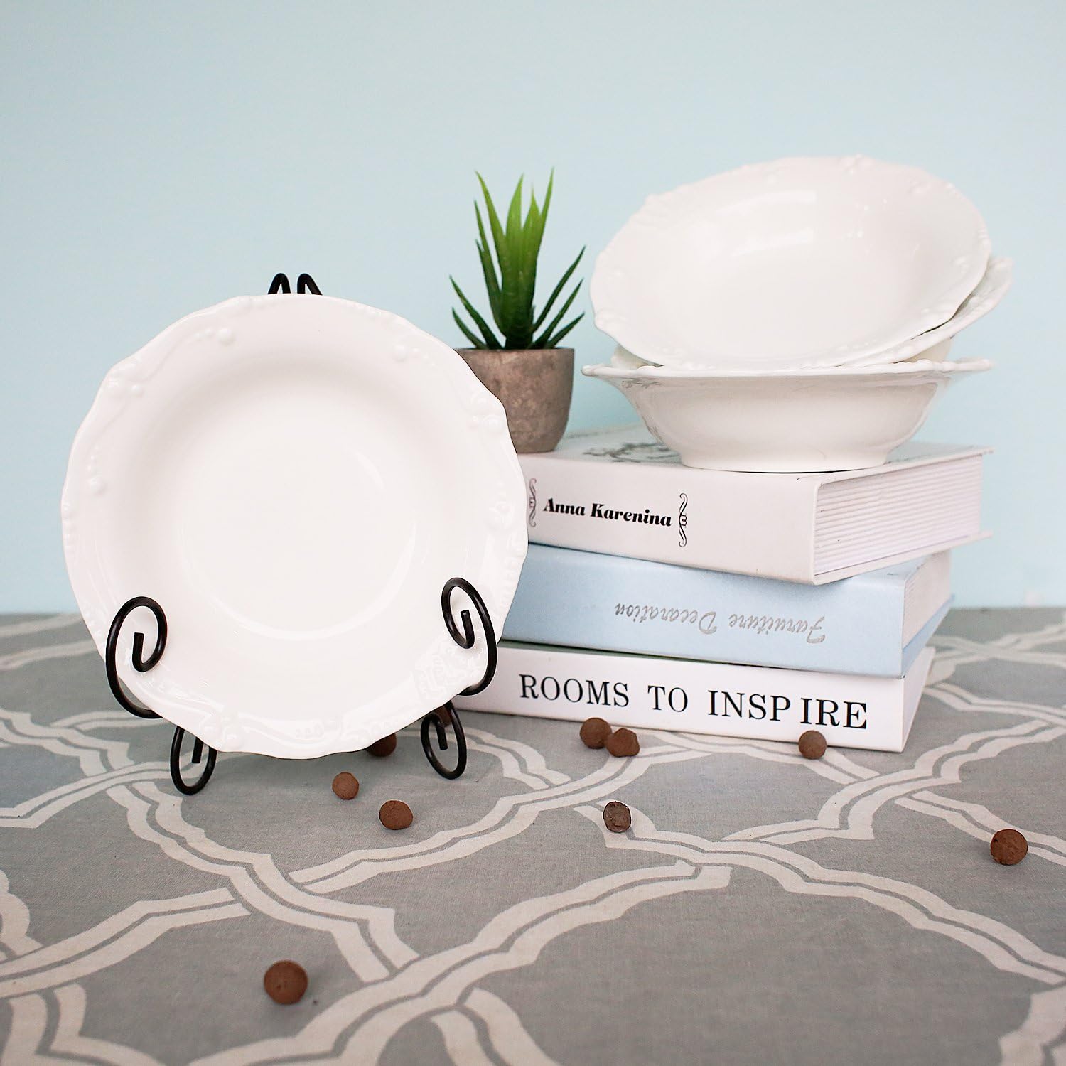 Porcelain Embossed Crown 7-1/2-Inch Rimmed Soup/Pasta/Cereal Bowls, Set of 4