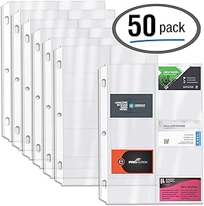 50/Box Clear Heavyweight Business Card Sleeve Pages, Refill Pages, 10 Pockets Per Sheet, 3 Ring Business Card Binder Sheets, by Better Office Products, 50 Count
