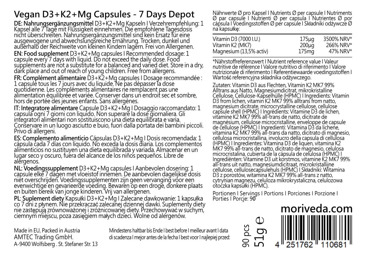 MoriVeda 90 Vitamin D3 K2 Magnesium Wochendepot Kapseln – 7000 I.E. D3 + 200 µg K2 MK7 + 175 mg Mg – Vegan, aus Flechten & Natto 9