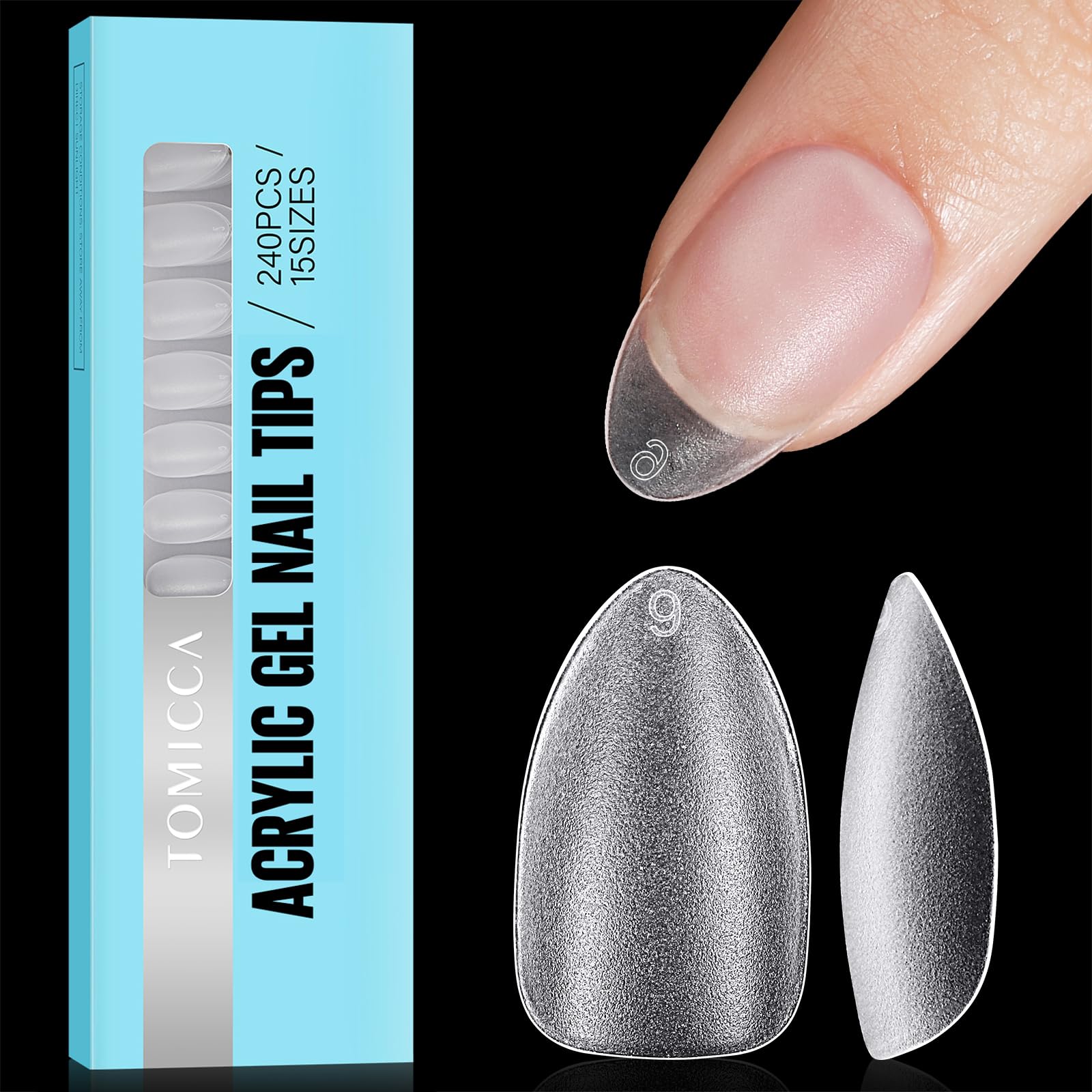 TOMICCA Short Almond Nail Tips, Clear Nail Tips Natural False Nails Almond French Acrylic Nails Artificial Nails Tips for Girls Women, (240 Pcs,15 Sizes)