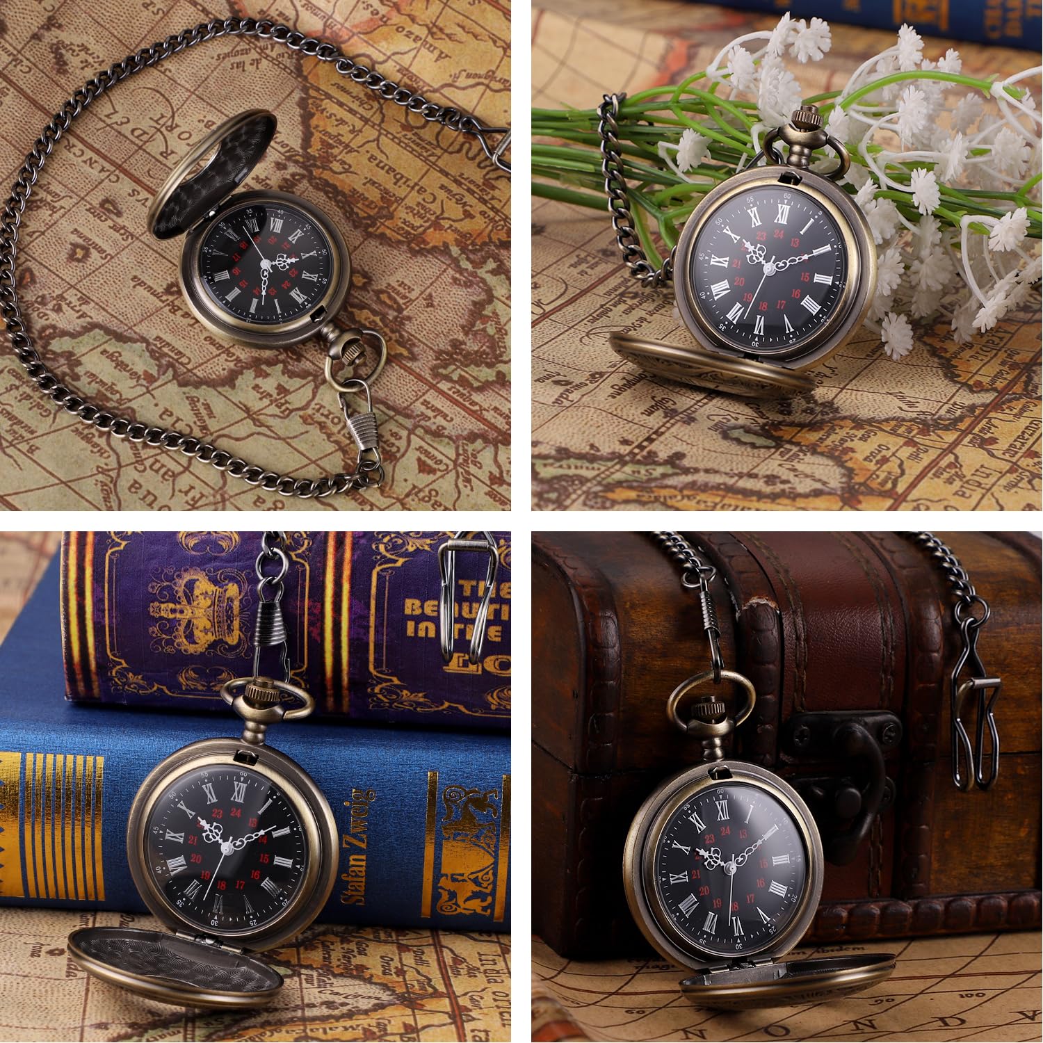 SIBOSUN Pocket Watches for Men Pocket Watch with Chain Quartz Pocket Watch Skeleton Antique Mens Roman Numerals Vintage Steampunk Pocket Watches Bronze