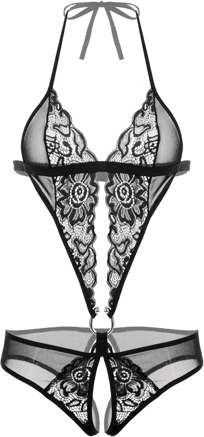 ADOME Mini Teddy for Womens One Piece Lingerie Lace Bodysuit Black: Clothing