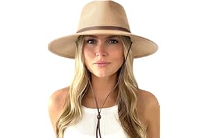 FURTALK Womens Summer Straw Sun Hats Wide Brim Panama Fedora Beach Hat with Wind Lanyard UPF 80+