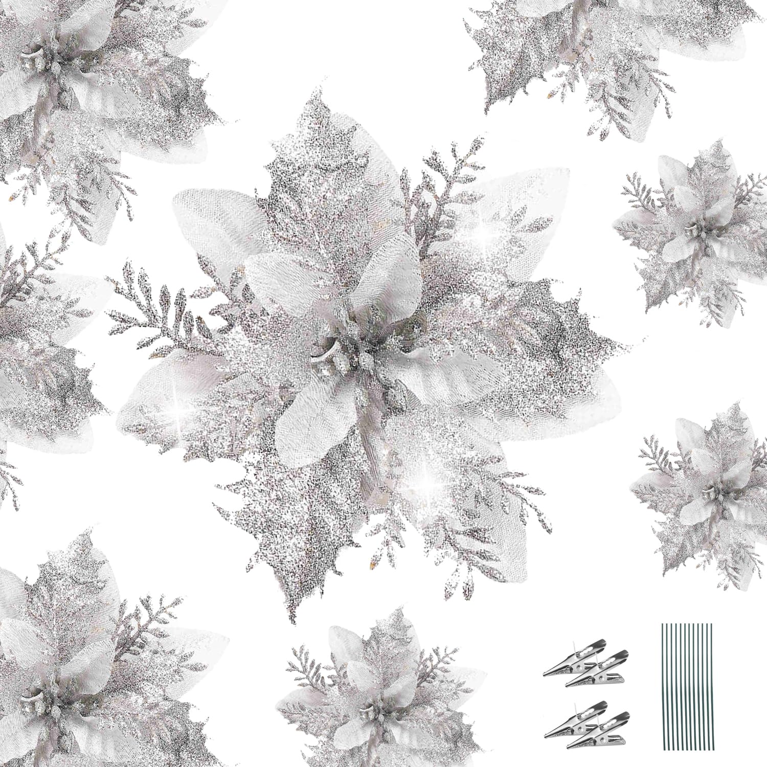 WUBAYI 12Pcs Glitter Artificial Poinsettia Flowers with 12 Stems & Clips, for Wedding New Year Easter Birthday Xmas Tree Decoration (Silver)
