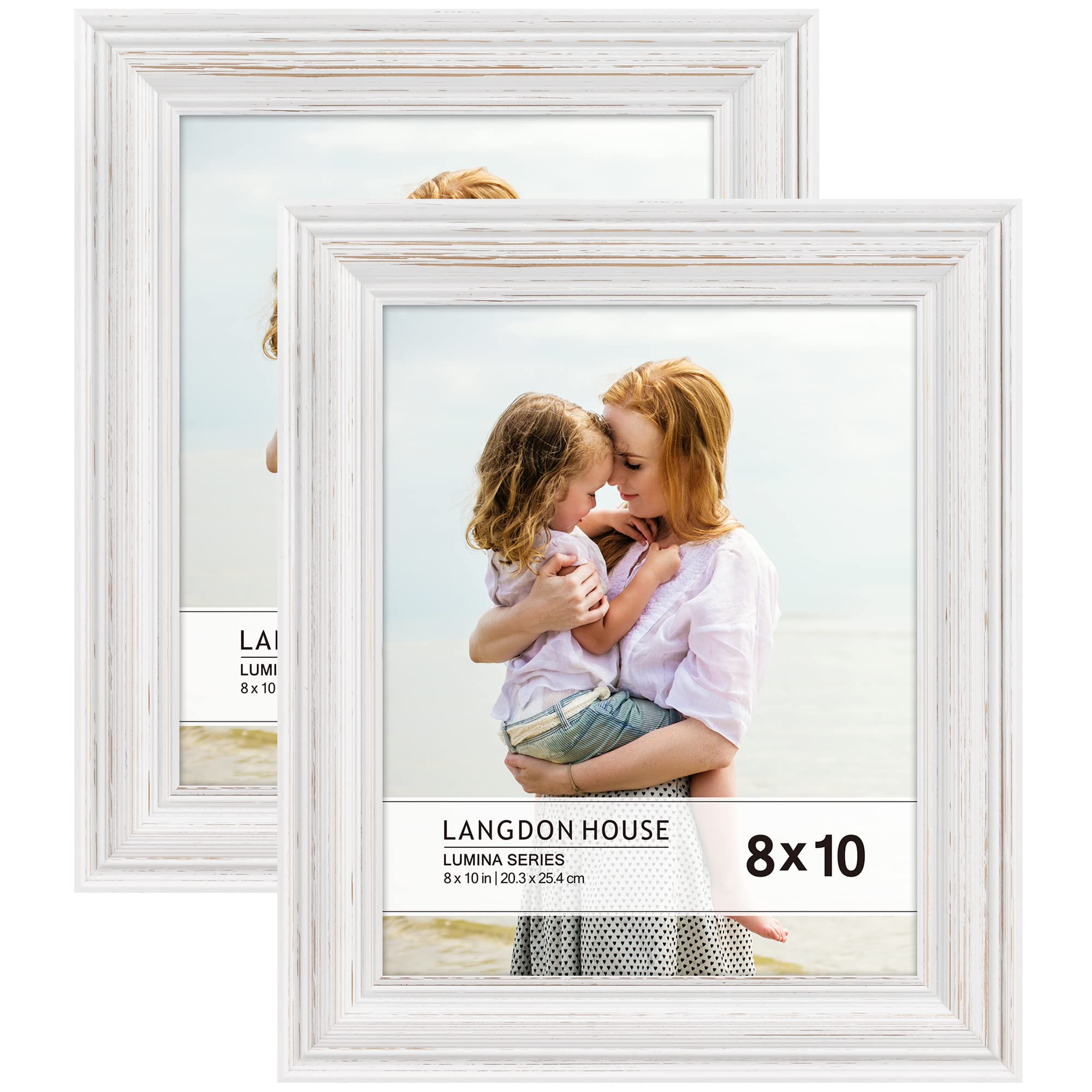 Langdon House - 10x8 Real Wood Picture Frames - Weathered White - Gold Accents, 2 Pack - French Country Style Wooden Photo Frame 10 x 8 - Lumina Collection