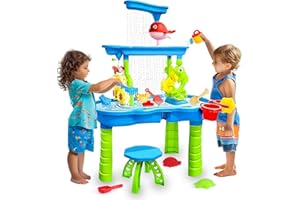 LINKOWIN Water Table for Toddlers3-5, 3-Tier Kids Sand Water Table, Rain Showers Splash Pond Summer Outside Water Play Toys, Activity Sensory Play Table for Boys Girls