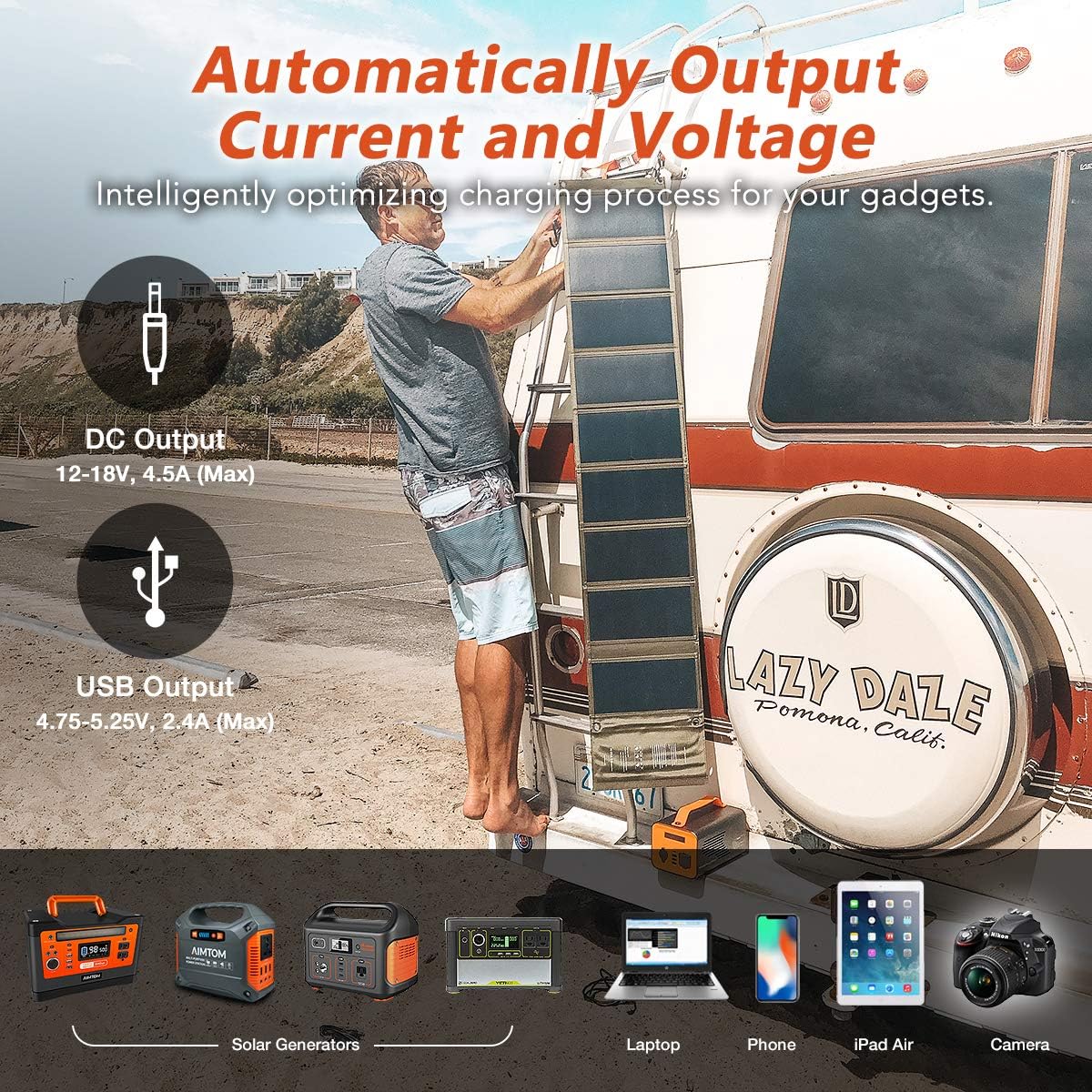 AIMTOM Portable Solar Charger – 60W Foldable Solar Panel with 5V USB and 18V DC for iPhone, Tablet, Laptop, Camera, Cell Phone, GPS and 5-18V Devices – Compatible with Solar Generators Power Stations: Electronics