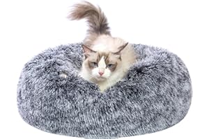 CATBOAT 20'' Calming Dog Cat Bed - Indoor Washable Donut Dog Bed with Fluffy Faux Fur Plush, Round Anti Anxiety Pets Bed, Warming Cuddler Cushion Bed for Small Medium Dogs and Cats Kittens Puppy, Grey