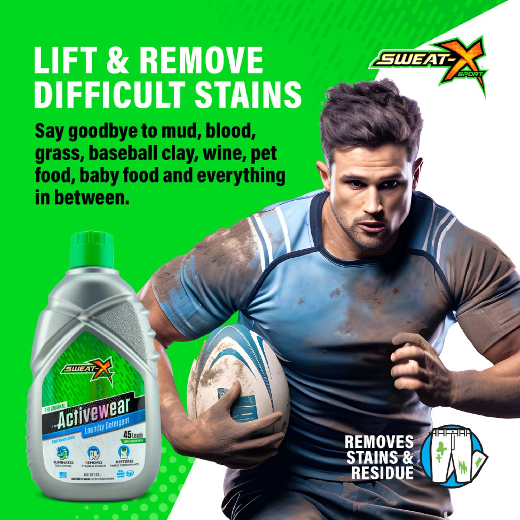 Sweat X Original Activewear Laundry Detergent – Remove the Worst Odors & Toughest Stains – High Performance Sports Wash for Training Gear & All Fabric Types – 45 Loads – 1 Pack