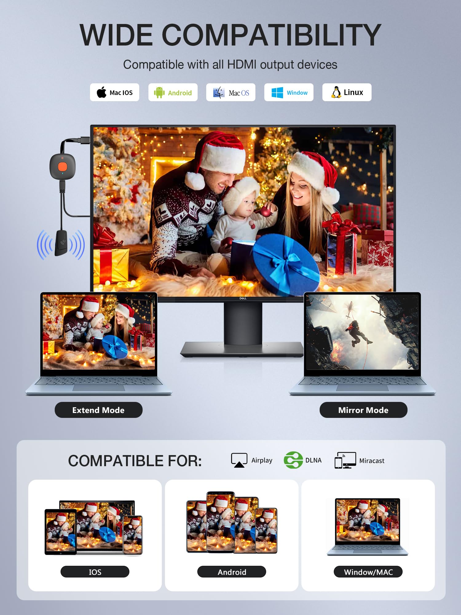 TIMBOOTECH Wireless HDMI Display Dongle, 4K Miracast Adapter Streaming YouTube Video/Audio Receiver for iPhone/iPad/iOS/Android/Mac/Laptop/PC to TV/Projector/Monitor - Miracast, DLNA, Airplay