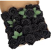 Exoment 25pcs Artificial Flower Foam Rose Real Touch Roses Flower Heads with Stem for DIY Wedding Bouquets Centerpieces Arrangements Party Baby Shower Home Decor (Black)