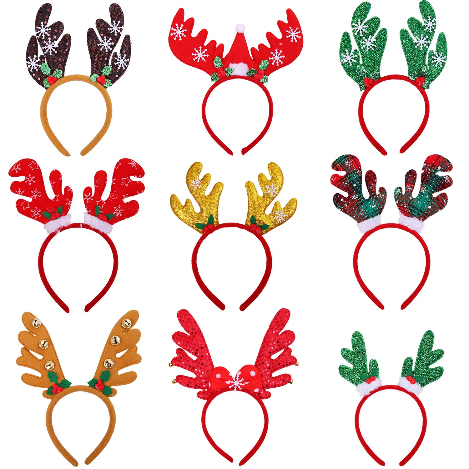 Aneco 9 Styles Christmas Reindeer Headband Antlers Headband Christmas Party Costume Head Boppers for Christmas Party Favor, 9 Pack