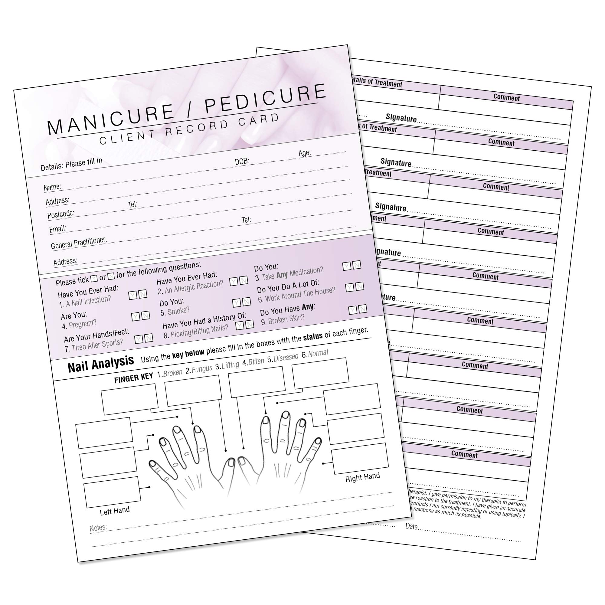 Manicure Pedicure Client Record Card - Treatment Consultation Form for Mobile Therapists & Salons A6 Pack of 50 - Portrait