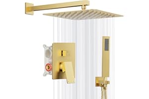 Kurpot Gold Shower System, 10'' Square Rainfall Shower Head with Handheld Combo Spray, Bathroom Brushed Gold Shower Faucet Set with Valve, 59'' Shower Hose, Shower Trim Kit and Diverter, Wall Mounted