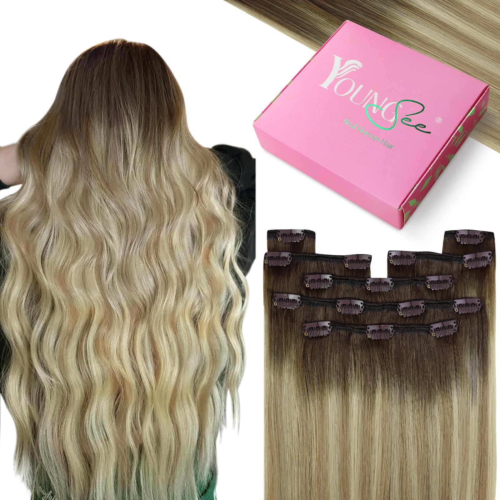 YoungSee Clip in Human Hair Extensions Brown 20inch 120g Hair Extensions Clip in Dark Brown Ombre Light Brown with Blonde Clip on Hair Extensions for Women Long Silky Reusable 7 Separate Pieces — image 1