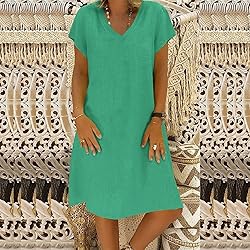 Women's Summer Cotton Linen Dress Loose V-Neck
