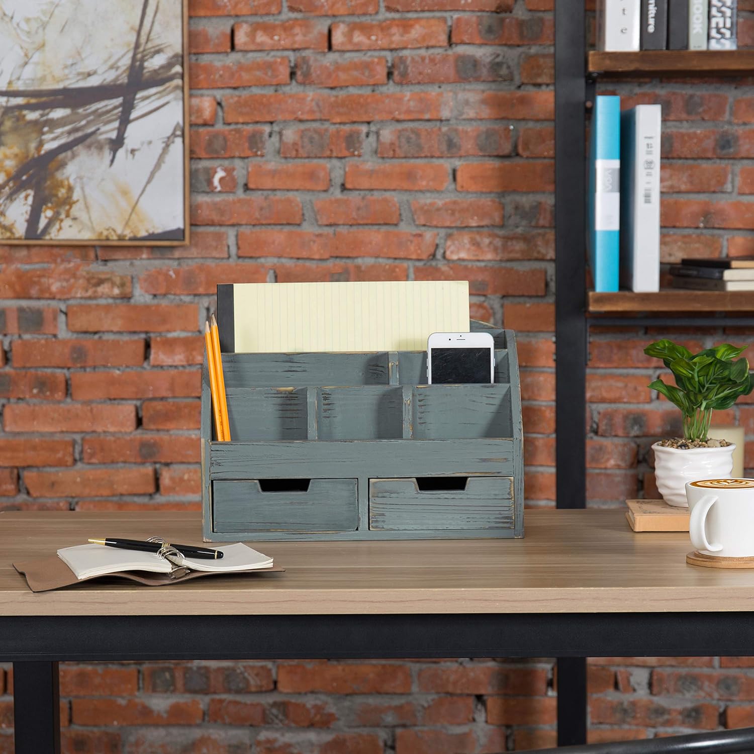 MyGift 6-Compartment Distressed Dark Grey Wood Desk Organizer with 2 Drawers : Office Products
