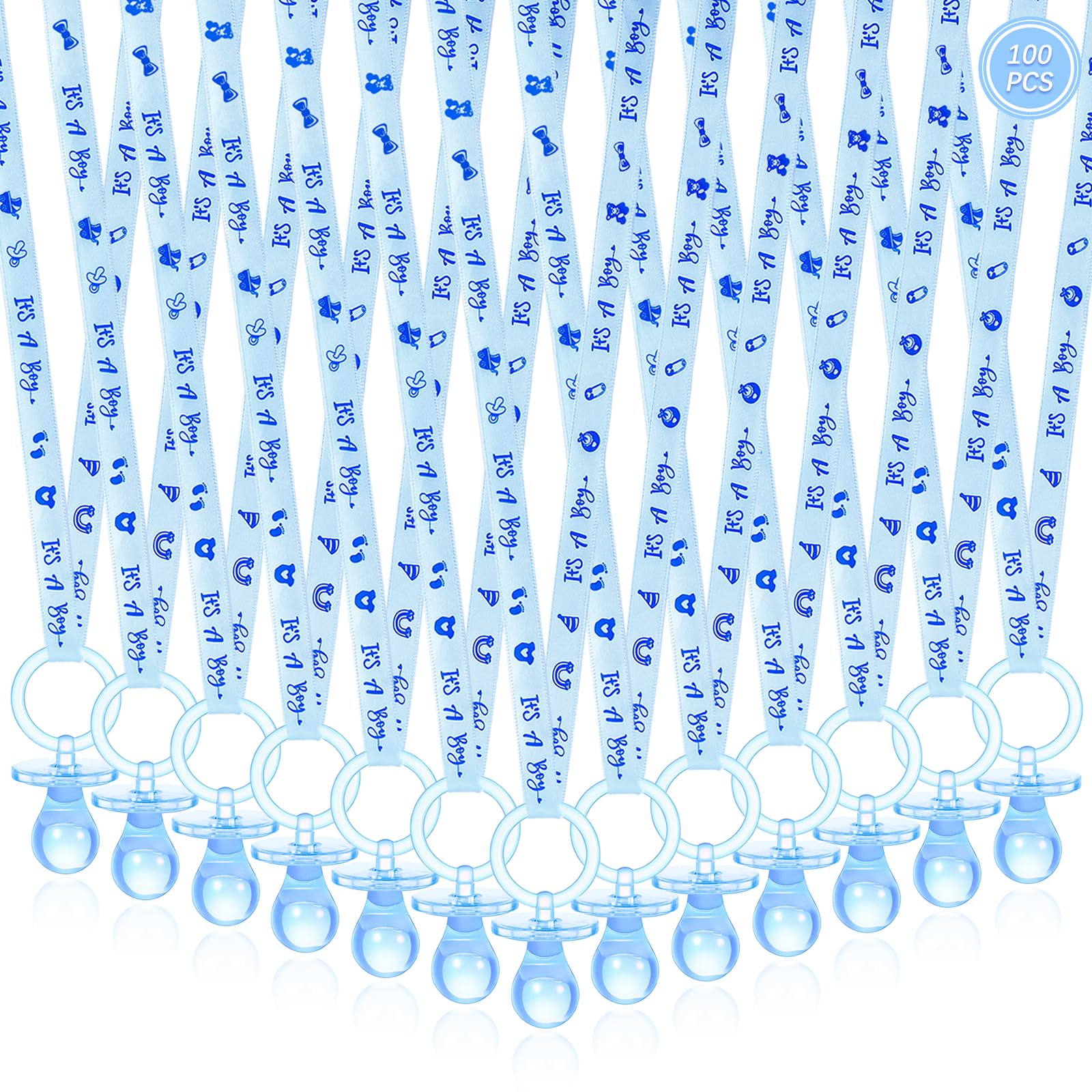 Photo 1 of 100 Pieces Baby Shower Pacifiers Necklace, Cute Acrylic Pacifier Necklaces for Chupones para Baby Shower Games Charm, Party Favors, Decorations DIY, Gender Reveal Table Scatter(Blue)