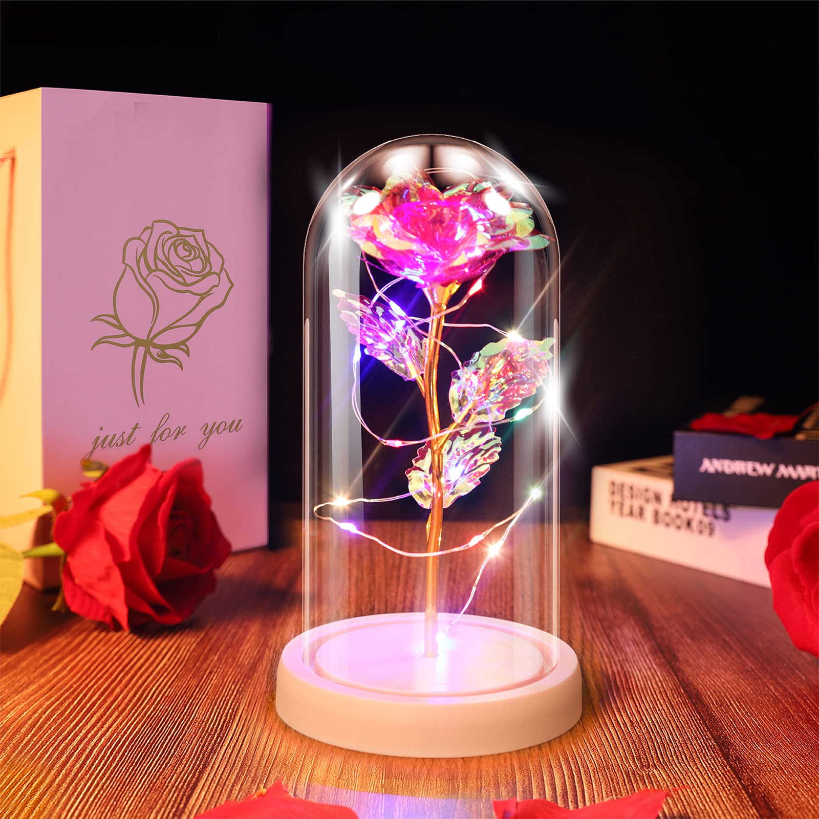 Ptesuply Beauty and The Beast Rose Lamp In the Glass Dome, Eternal Rose Artificial Flower with LED Light, Gift for Women Girl for Birthday Valentine's Day Mother's Day Christmas Anniversary